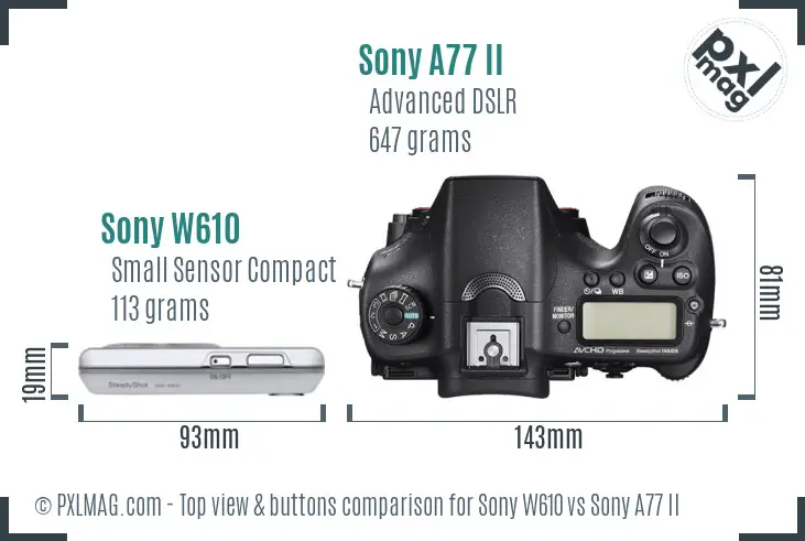 Sony W610 vs Sony A77 II top view buttons comparison