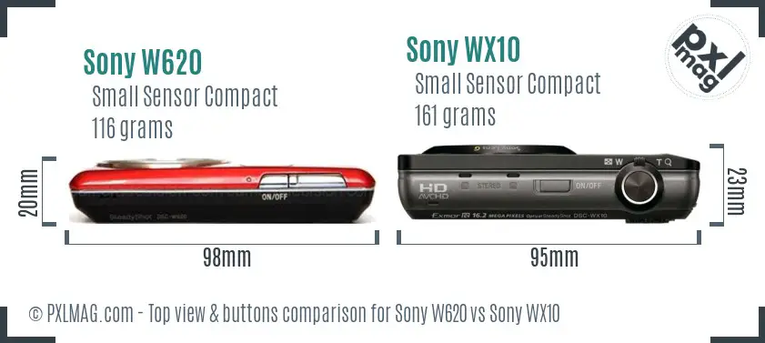 Sony W620 vs Sony WX10 top view buttons comparison