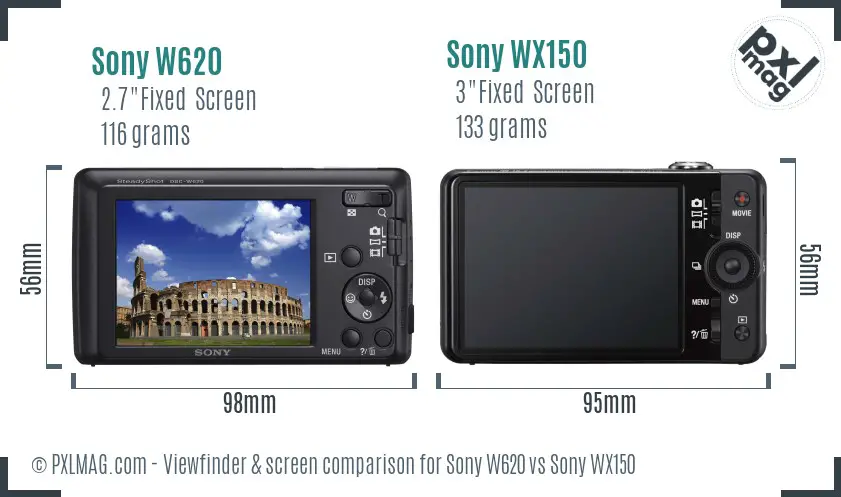 Sony W620 vs Sony WX150 Screen and Viewfinder comparison