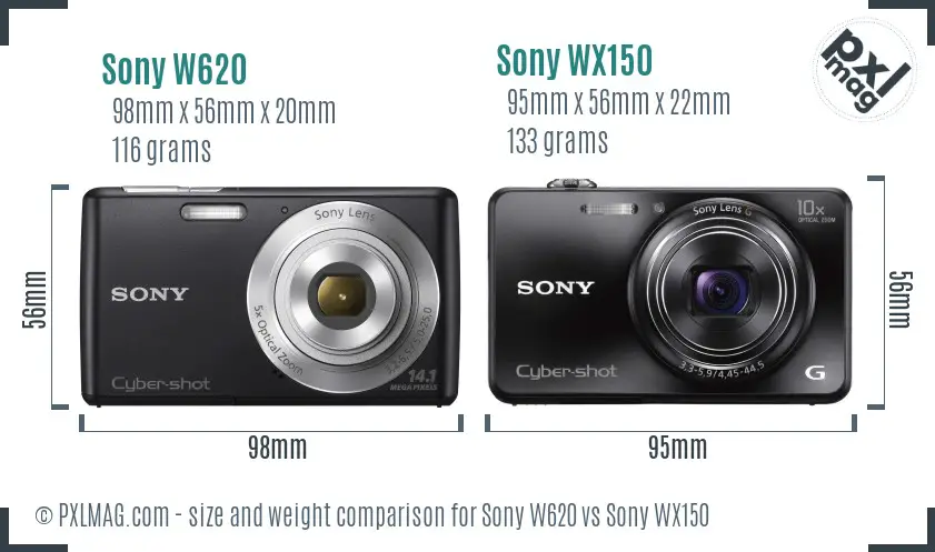 Sony W620 vs Sony WX150 size comparison
