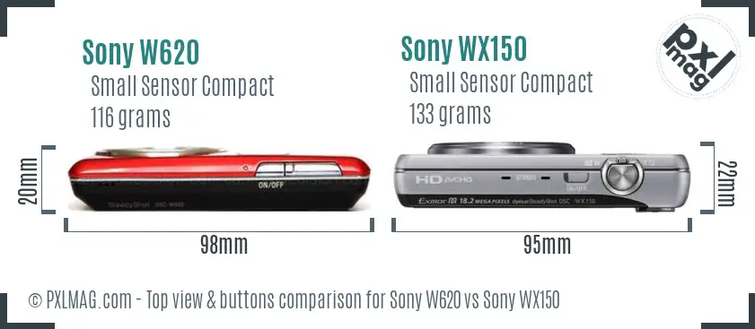 Sony W620 vs Sony WX150 top view buttons comparison