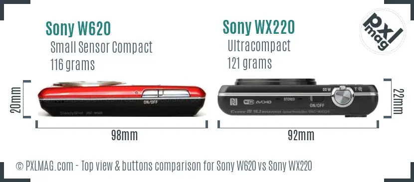 Sony W620 vs Sony WX220 top view buttons comparison