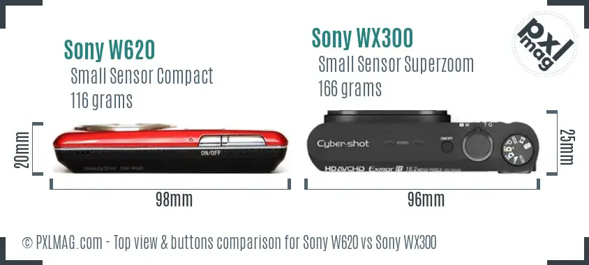 Sony W620 vs Sony WX300 top view buttons comparison