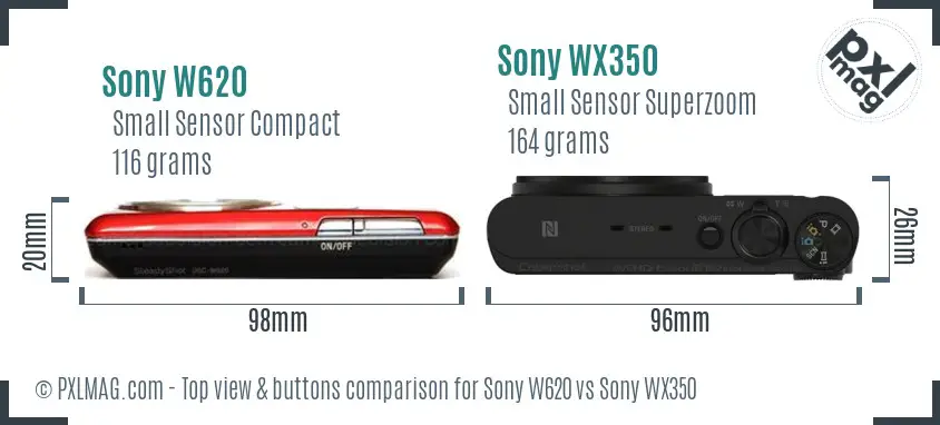 Sony W620 vs Sony WX350 top view buttons comparison