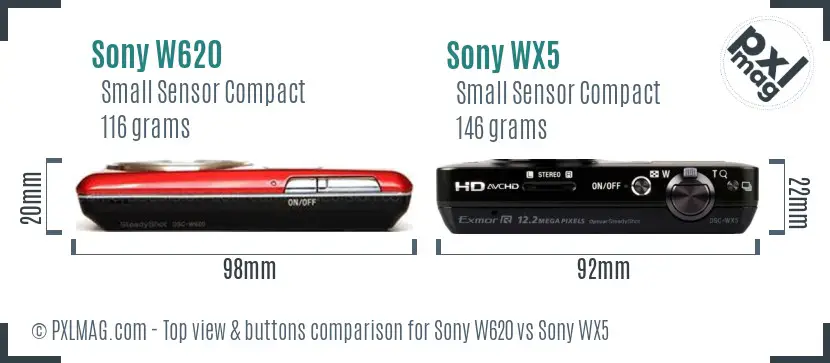 Sony W620 vs Sony WX5 top view buttons comparison