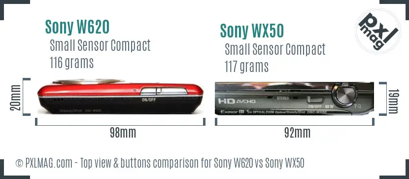 Sony W620 vs Sony WX50 top view buttons comparison