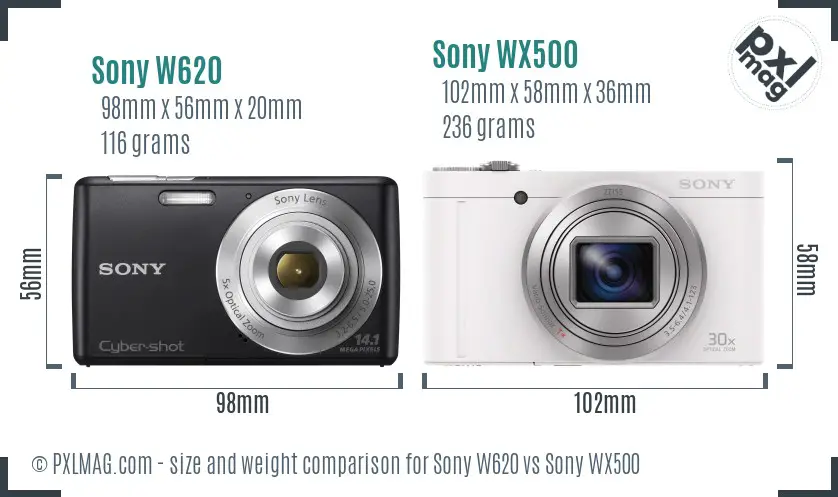 Sony W620 vs Sony WX500 size comparison
