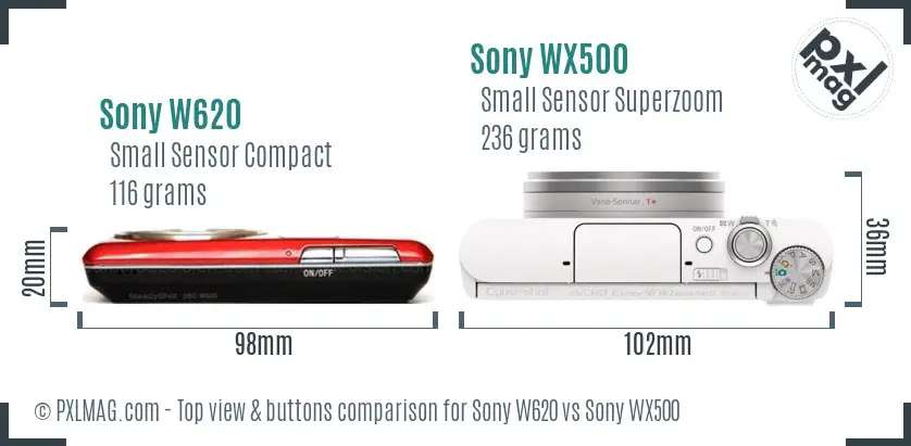 Sony W620 vs Sony WX500 top view buttons comparison