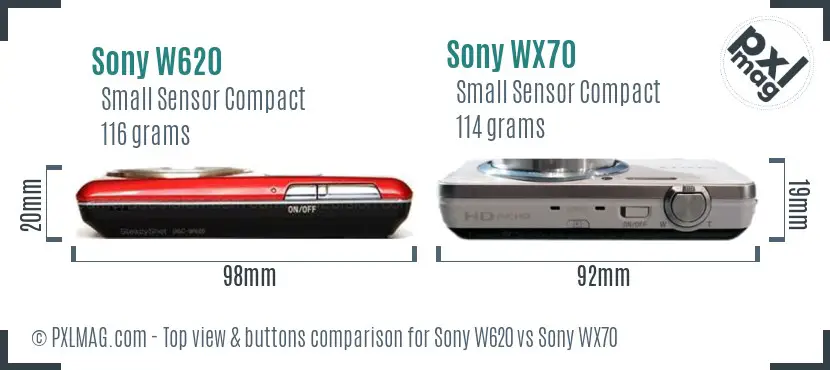 Sony W620 vs Sony WX70 top view buttons comparison
