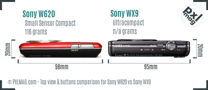 Sony W620 vs Sony WX9 top view buttons comparison