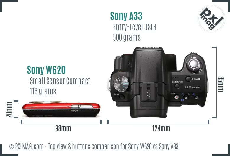 Sony W620 vs Sony A33 top view buttons comparison