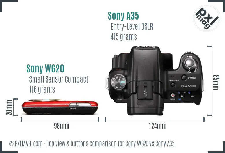 Sony W620 vs Sony A35 top view buttons comparison