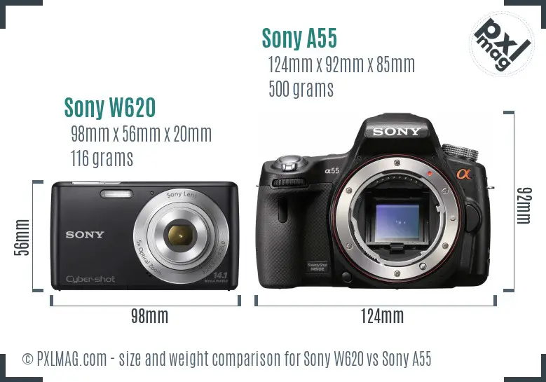 Sony W620 vs Sony A55 size comparison