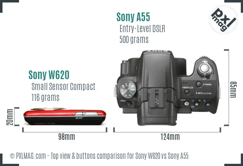 Sony W620 vs Sony A55 top view buttons comparison