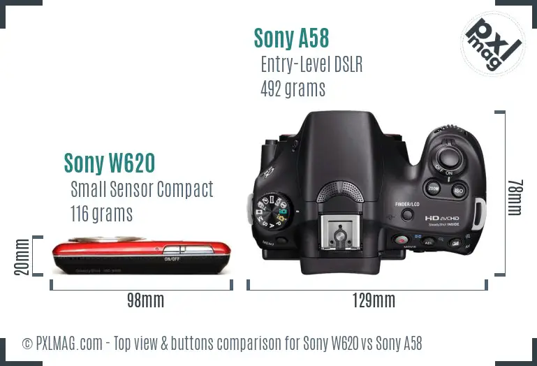 Sony W620 vs Sony A58 top view buttons comparison