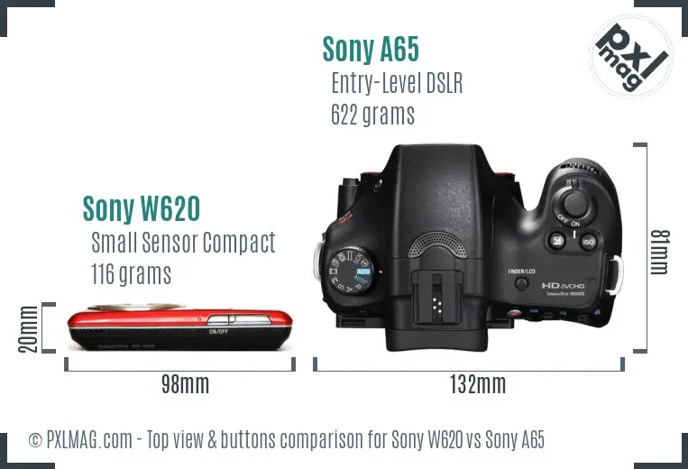 Sony W620 vs Sony A65 top view buttons comparison