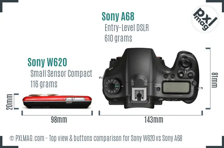 Sony W620 vs Sony A68 top view buttons comparison