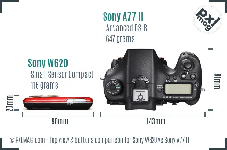Sony W620 vs Sony A77 II top view buttons comparison