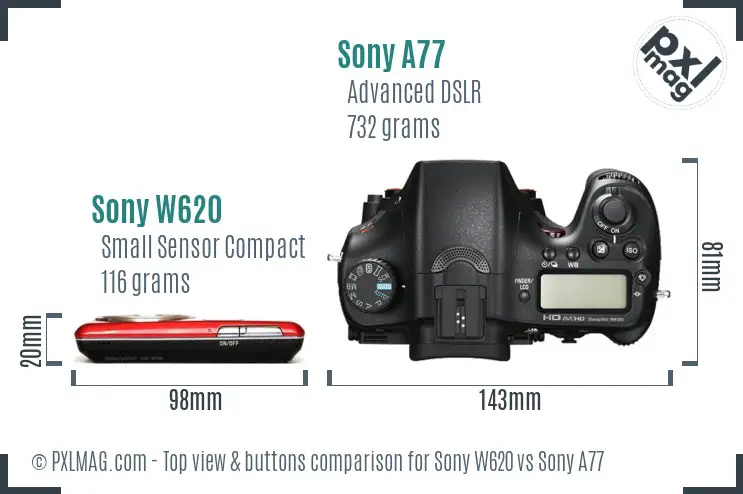 Sony W620 vs Sony A77 top view buttons comparison