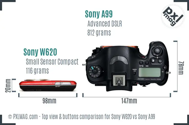 Sony W620 vs Sony A99 top view buttons comparison
