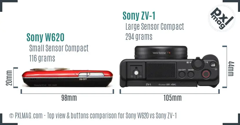 Sony W620 vs Sony ZV-1 top view buttons comparison