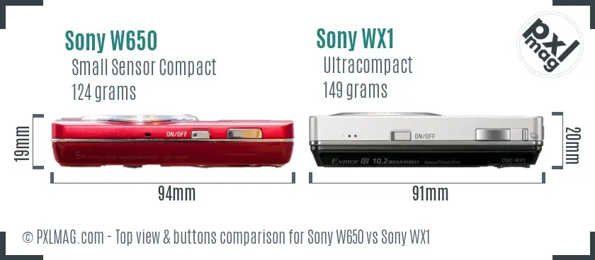Sony W650 vs Sony WX1 top view buttons comparison