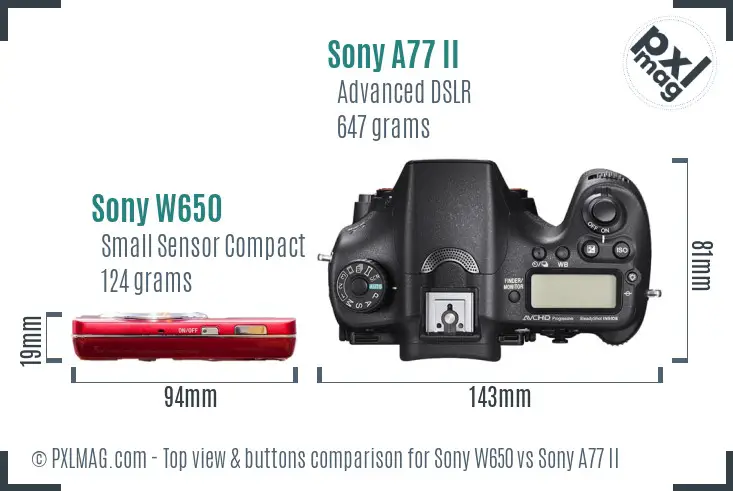 Sony W650 vs Sony A77 II top view buttons comparison