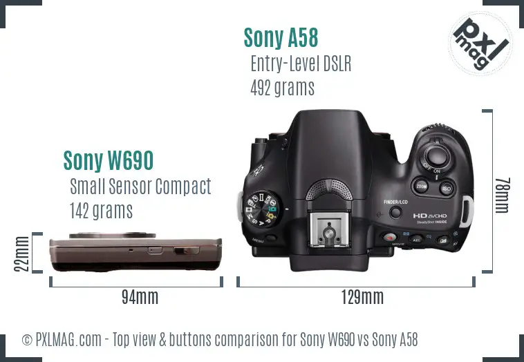Sony W690 vs Sony A58 top view buttons comparison