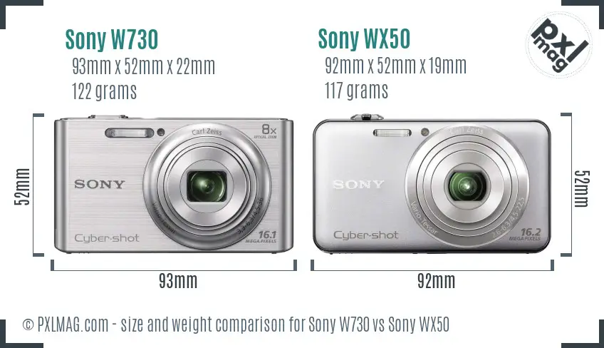 Sony W730 vs Sony WX50 size comparison