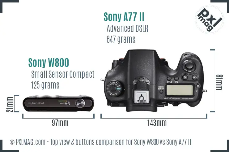 Sony W800 vs Sony A77 II top view buttons comparison