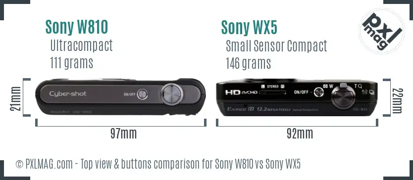 Sony W810 vs Sony WX5 top view buttons comparison