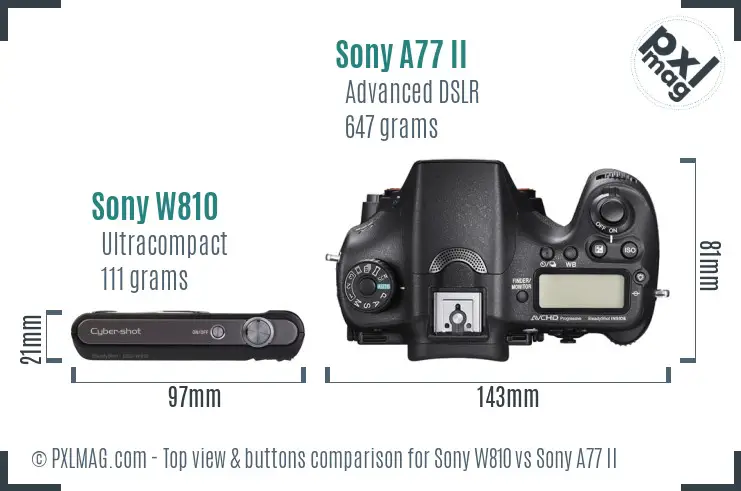 Sony W810 vs Sony A77 II top view buttons comparison