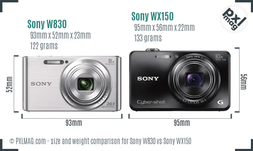 Sony W830 vs Sony WX150 size comparison