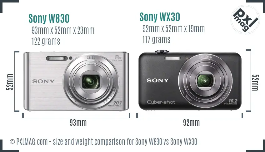 Sony W830 vs Sony WX30 size comparison