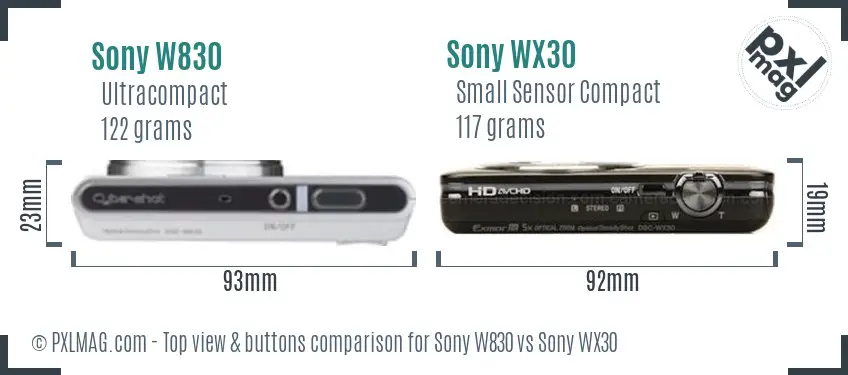 Sony W830 vs Sony WX30 top view buttons comparison