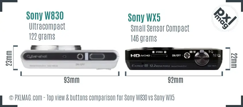 Sony W830 vs Sony WX5 top view buttons comparison