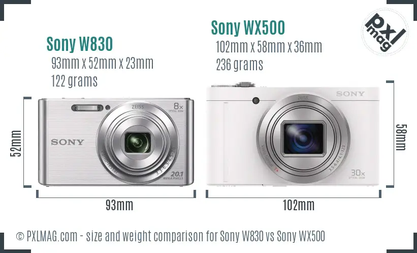 Sony W830 vs Sony WX500 size comparison