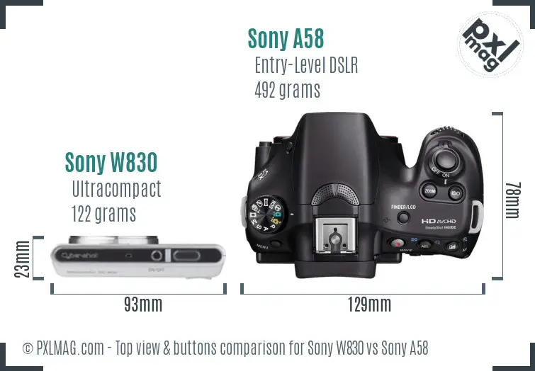 Sony W830 vs Sony A58 top view buttons comparison