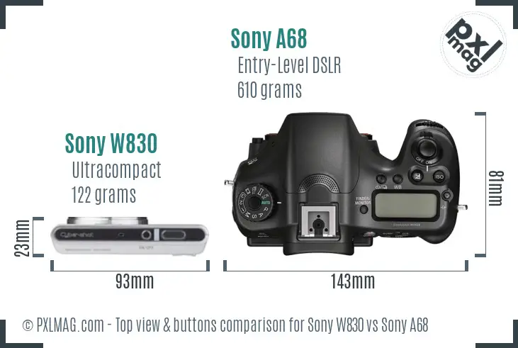 Sony W830 vs Sony A68 top view buttons comparison