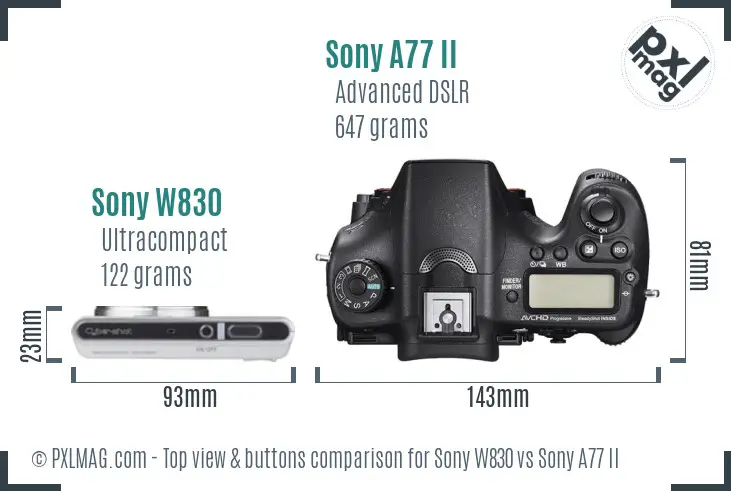 Sony W830 vs Sony A77 II top view buttons comparison