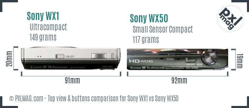 Sony WX1 vs Sony WX50 top view buttons comparison
