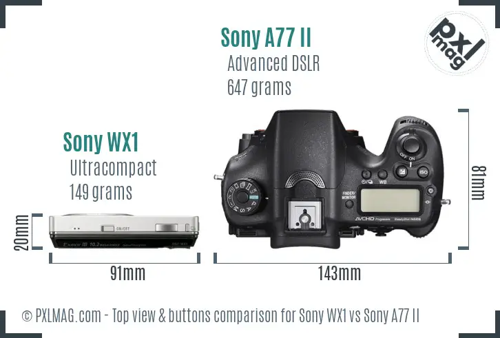 Sony WX1 vs Sony A77 II top view buttons comparison