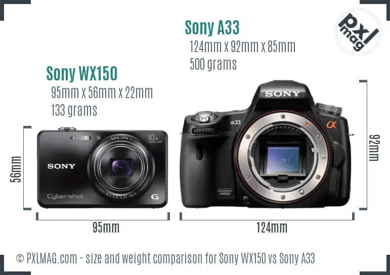 Sony WX150 vs Sony A33 size comparison