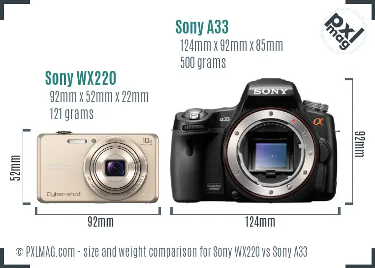 Sony WX220 vs Sony A33 size comparison