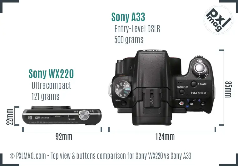 Sony WX220 vs Sony A33 top view buttons comparison