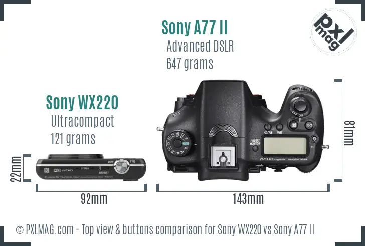 Sony WX220 vs Sony A77 II top view buttons comparison