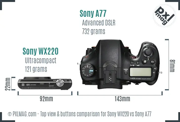 Sony WX220 vs Sony A77 top view buttons comparison
