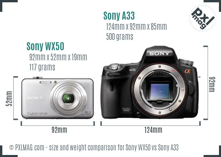 Sony WX50 vs Sony A33 size comparison
