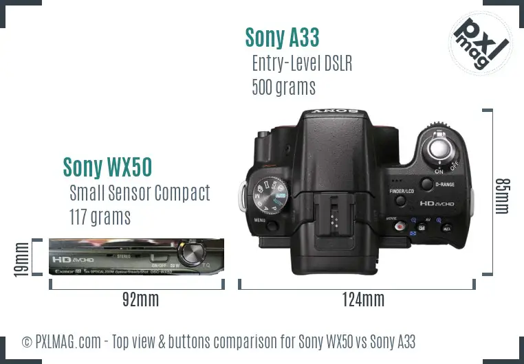 Sony WX50 vs Sony A33 top view buttons comparison