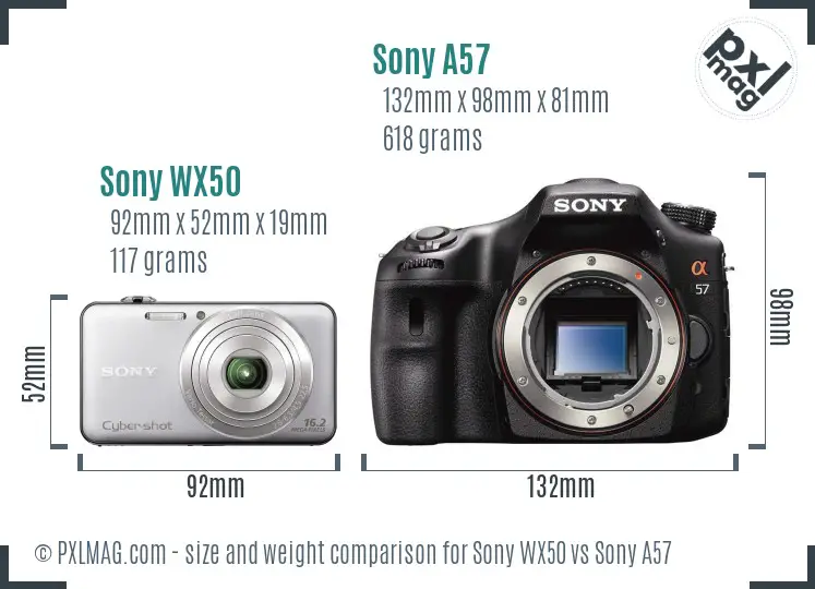 Sony WX50 vs Sony A57 size comparison